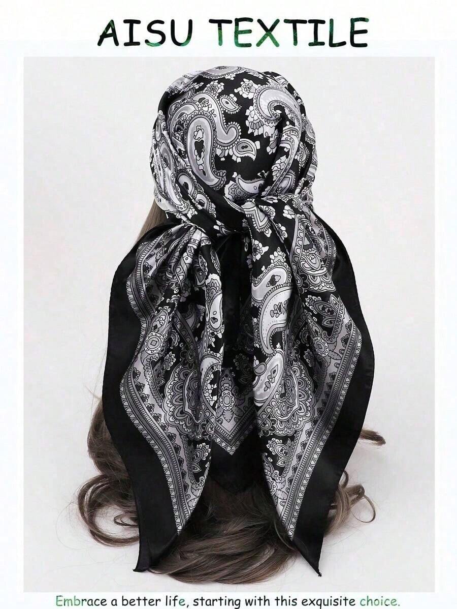 1pc Women's 90cm Paisley Printed Bandana, Simulated Silk Headband, Large Square Scarf, Versatile Hair Band And Headband, Fashion Neck Wrap, Ideal For Dressing Up Your Look, Casual Or Elegant Outfits, Daily Wear, Travel, And Chic Gift Idea - 黑色 - 查看 1