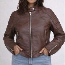 Women's Faux Leather Jacket With Zipper On The Sleeve And Buttoned Collar - Rỉ Nâu - Xem 2