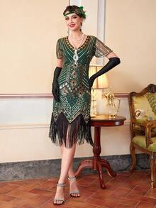 Đầm Flapper tay dài, đính sequin và tua rua, lấy cảm hứng từ phong cách F. Scott Fitzgerald những năm 1920. - Màu xanh lá cây đậm - Xem 7