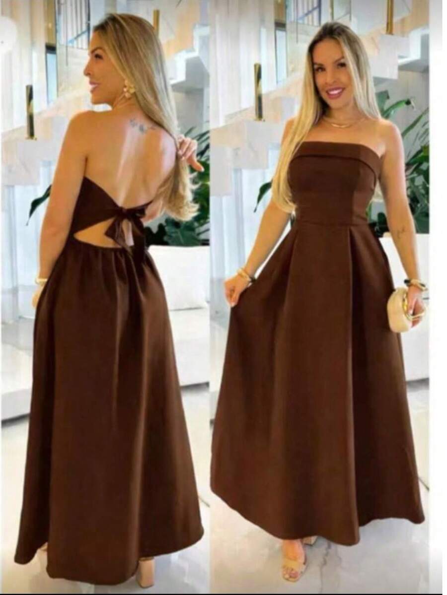 Elegant Strapless Tailored Dress - Rỉ Nâu - Xem 1