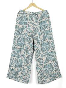 Plus Size Women's High Waist Floral Chiffon Wide Leg Loose Flowy Pants Spring - Green - View 5