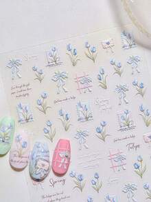 1 pieza Marco de fotos con relieve de sobre, ramo de tulipanes azules y rosas, lazo y plantas de primavera románticas, pegatinas de arte de uñas 5D para manicura - Multicolor - Ver 4