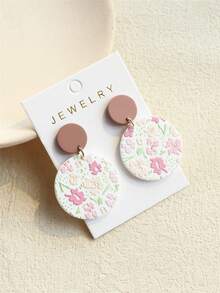 1对女士春夏小碎花纹理优雅可爱圆形亚克力耳环 - 彩色 - 查看 3