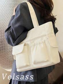 Multi-Pocket Solid Color Large Capacity Tote Bag, Simple And Lightweight, Fits Laptop , Purple - Purple - View 7