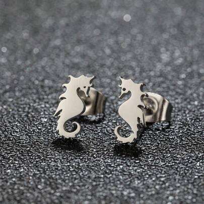 一对精美不锈钢海马耳钉，可爱小动物耳环，适合女孩佩戴，民族风耳环