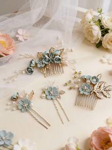 4 cái hoa trang trí mũ cô dâu - Màu xanh lam - Xem 4