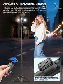 1310mm / 51.57-Inch Wireless Selfie Stick / Phone Tripod, 3-Level Adjustable Mini Fill Light, Wireless Detachable Remote, Retractable And Foldable Design - Easy To Carry, Made Of Enhanced Aluminum Alloy, Suitable For Live Streaming, Christmas And Various Holiday Recordings, Travel, Outdoor Activities. - View 8