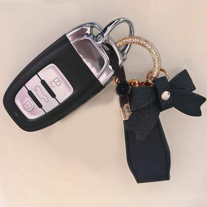 1 stuk leren sleutelhanger met strik, delicate INS autosleutelhanger, 3 kleuropties, hoogwaardige sleutelhanger met strik, strass-steentjes en legeringsring, prachtige luxe autosleutelhanger, geschikt voor meisjes, verjaardagscadeau, Valentijnsdag, kerstcadeau
