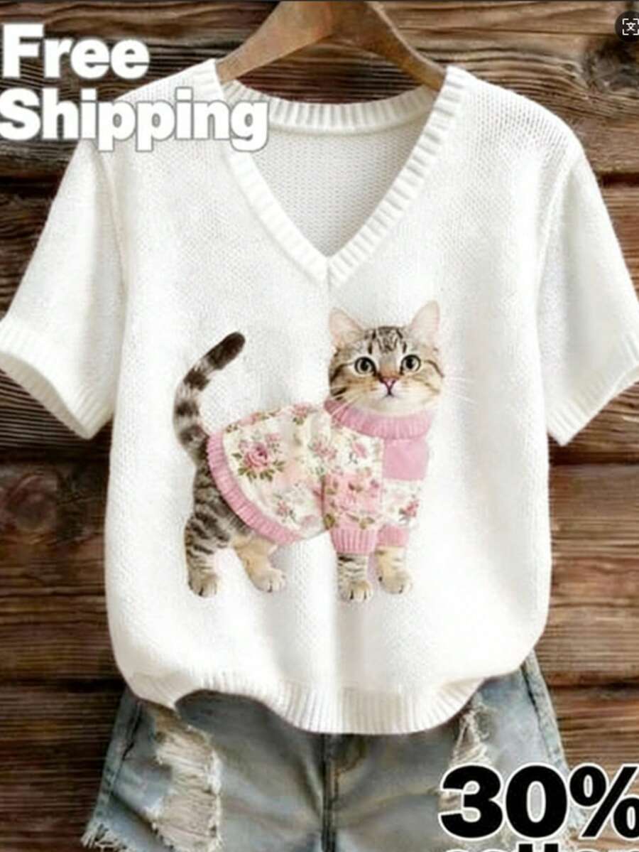 (Free Shipping) Women's Cotton Knit Top;  Print Short Sleeve T-Shirt;Summer Tops;Summer T-Shirts;Summer Outfits For Women;Vacation Outfits Women - 白色 - 查看 1
