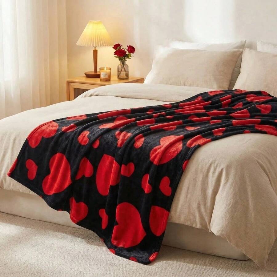 1pc Heart Pattern Blanket, Couple's Gift Design, Faux Cashmere Material, Ultra Soft And Smooth Rabbit Fur Blanket, Provides Warm And Comfortable Sleeping Experience For Bed, Sofa, Shawl, Autumn Decor, Room Decor - Black - View 1