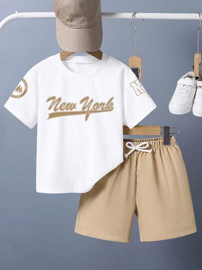 Baby Boy Letter Print Short Sleeve T-Shirt And Shorts Casual Outfit