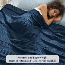 PHF Manta refrescante y transpirable diseño de waffle tamaño Queen 60 % rayón derivado de bambú y 40 % algodón para dormir caliente suave ligera lujosa para cama 229 x 229 cm azul marino - Azul marino - Ver 2