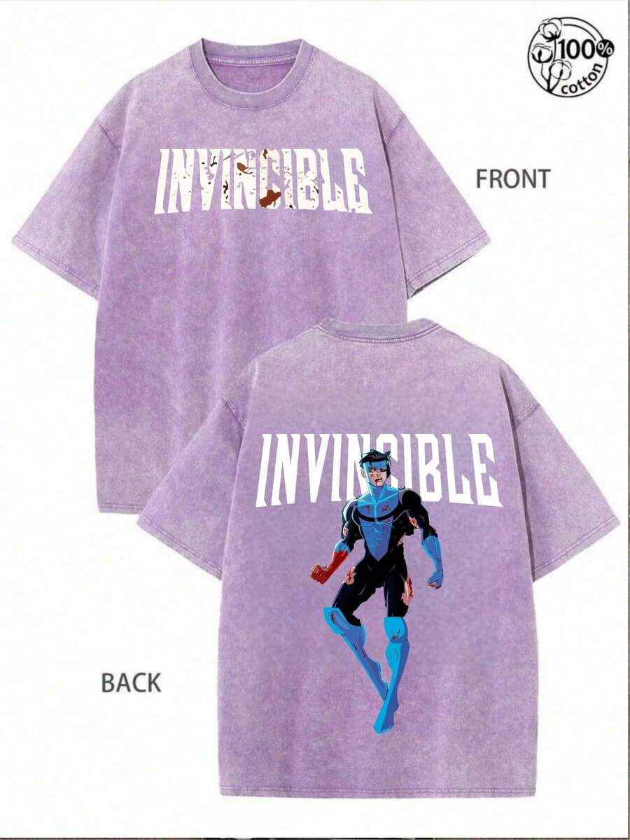 230G Washed Pure Cotton T - Shirt, Men'S Casual Fashion, With  INVINCIBLE  Anime Character Print, Outdoor Sports T - Shirt     Loose Fit     Soft Knitted T - Shirt.Jpg - 紫色 - 查看 1