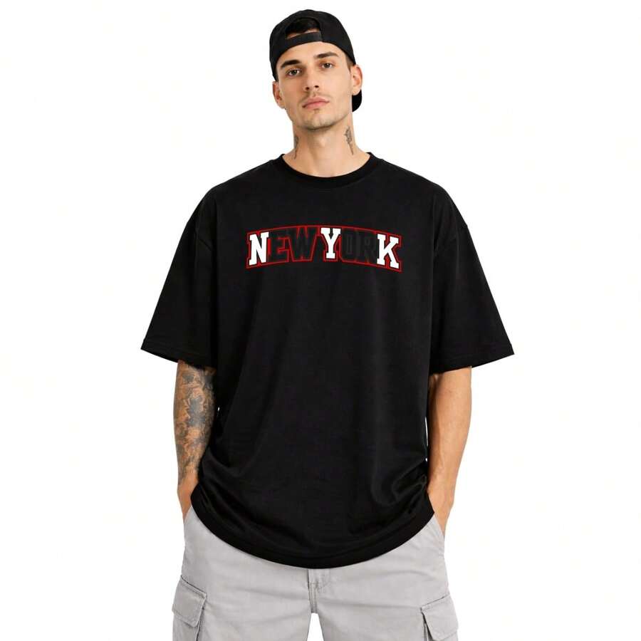 Men's Oversized Cotton Crew Neck Printed T-Shirt For Gym - Comfortable - Hitam Merah - View 1