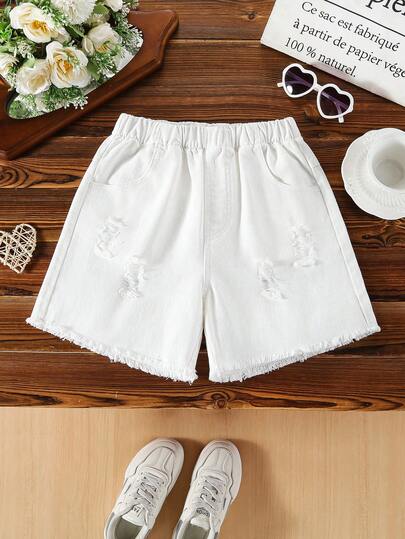 1pc Girls Ripped Fringe Hem Elastic Waist White Shorts, Fashionable Streetwear For Outdoor & Daily Wear, Summer