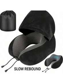 U-Shaped Travel Pillow With Hood - Adjustable, Portable Neck Support Fit For Airplane & Home Use, Medium Soft, Washable Cover - Xám - Xem 8