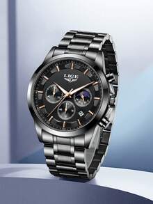 LIGE Men's High-End Watch Waterproof Luminous Quartz Watch Stainless Steel Strap Unique Dial Design Fashionable Men's Watch - Black - View 10