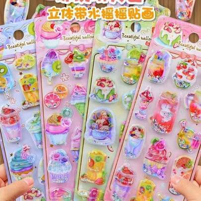 3D冰淇淋可爱水晶装饰水贴纸，闪亮浮雕3D工艺，质感厚实，外观精致，自粘防水耐用，不对称混色设计，适用于日记本、笔记本、行李箱、吉他等。