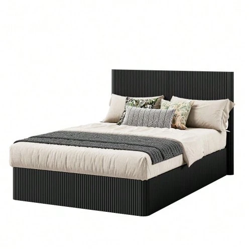 Modern Bed With Grooved Design And Hydraulic Lift System – Large Storage Space, Stable Solid Wood Slats, Easy-Care Surface – 140 X 200 Cm – Black - Black - View 1