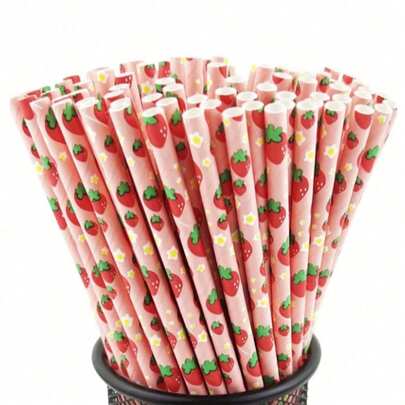 25支可爱草莓印花一次性纸吸管，彩色便携纸吸管，适用于派对、情人节、母亲节、婚礼、返校季及其他场合。