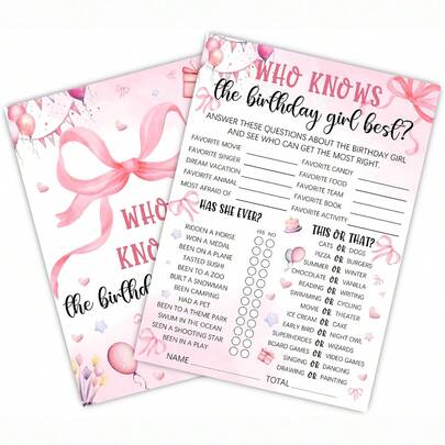 Ai hiểu cô gái sinh nhật nhất? Bộ thẻ trò chơi tiệc sinh nhật nơ hồng - 20 thẻ, phụ kiện tiệc ngủ chủ đề nơ hồng - Ý tưởng trò chơi đêm sinh nhật