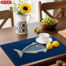 4pcs 2D Flat Fish Pattern Embroidery Style Placemats, Blue Linen Table Mats, Modern Art, Suitable For Kitchen Table Decor, Holiday Decor, Daily Use, Parties, Birthdays, Weddings, Dinner Parties, For Kitchen, Cafe, Restaurant, And Home Decor, 2D Flat - 12x18inch - View 1