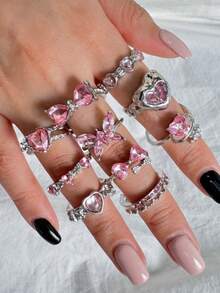 10pcs/Set Elegant High-End Unique Exquisite Fashion Pink Crystal Rings, Butterfly & Heart Shaped, Romantic Date Gift, Daily Wear Jewelry - Pink - View 5