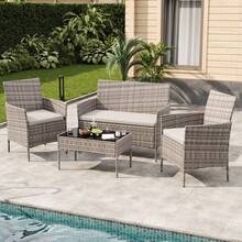4-Piece Outdoor Furniture Set, PE Rattan Wicker Chairs With Soft Cushions & Tempered Glass Coffee Table - All-Weather Patio Set For Garden, Backyard, Porch, Poolside - 灰色 - 查看 1