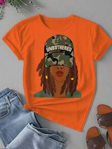 Unbotheredblackwoman Locs Camouflage Ladies Summer Casual T-Shirt     Basic Short Sleeve Round Neck T-Shirt    Soft And Breathable Sports Fabric    BlackPinkOrange    Vacation Outfit - Orange - View 3