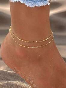 1pc Fashionable Versatile Sexy Double-Layer Anklet, Suitable For Women's Daily Wear, Beach Vacation, Summer Gift - Gold - View 6