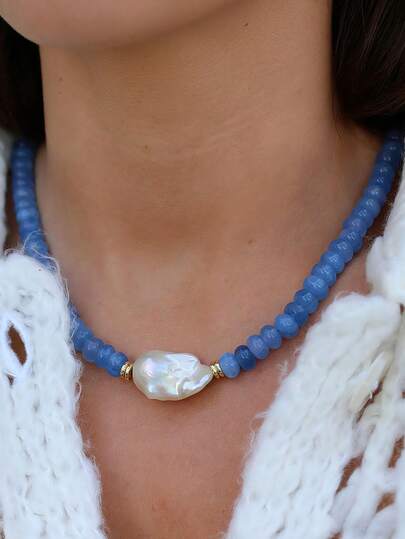 海蓝宝石扁珠项链 | 仿巴洛克珍珠饰品 | 水晶串珠颈链