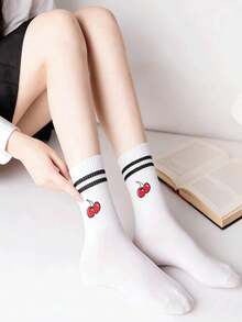 1双女士薄款中筒袜，吸湿排汗，甜美韩日风白色短袜，随机发货 - 彩色 - 查看 2