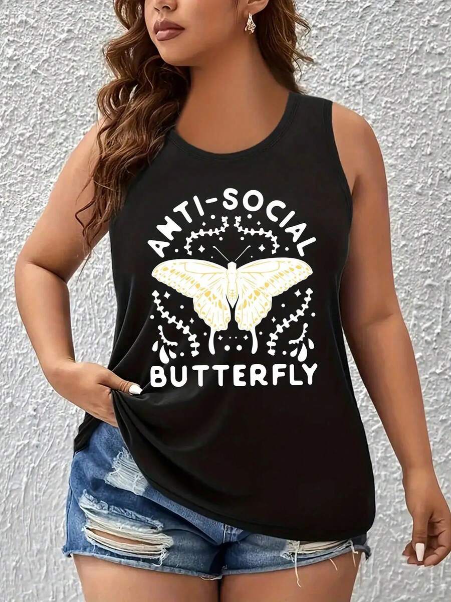 Plus Size, Plus Size-Butterfly Print European And American Plus Size Fashion Round Neck Tank Top Women's S Sleeveless Tank Top, Tank Top For Women Plus Size, Womens Curve Plus Tank Tops, Skull Tank Top Plus Size Women, Plus Tank Top, Women Tank Tops Plus Size, Lounge Wear, Outdoor Clothing,  Design, Geometric Pattern, Machine Washable, Breathable Material, Women's Vest, Summer Wardrobe, Fashion Enthusiasts - 黑色 - 查看 1