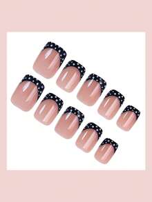 24 Stücke kurze quadratische minimalistische schwarze Polka Dot Nagel-Sticker, Set beinhaltet: 1 Gel-Nagellack und 1 Nagelfeile, geeignet für Frauen und Mädchen für den täglichen Gebrauch und Partys, Nagel-Accessoires - Verschiedenfarbig - Übersicht 2
