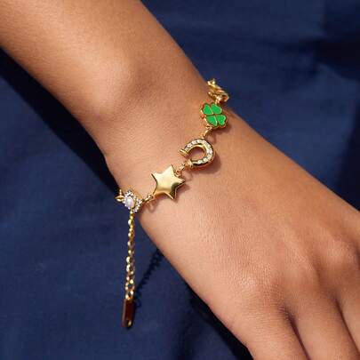 S SHOPBOHO 1件 Y3K 不锈钢混搭四叶草精致链条手链饰品幸运星月亮马蹄铁辟邪眼吊坠手链