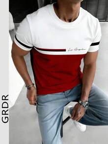 1件 GRDR 夏季新款撞色商务风圆领男士印花休闲短袖T恤 - 紅色 - 查看 1