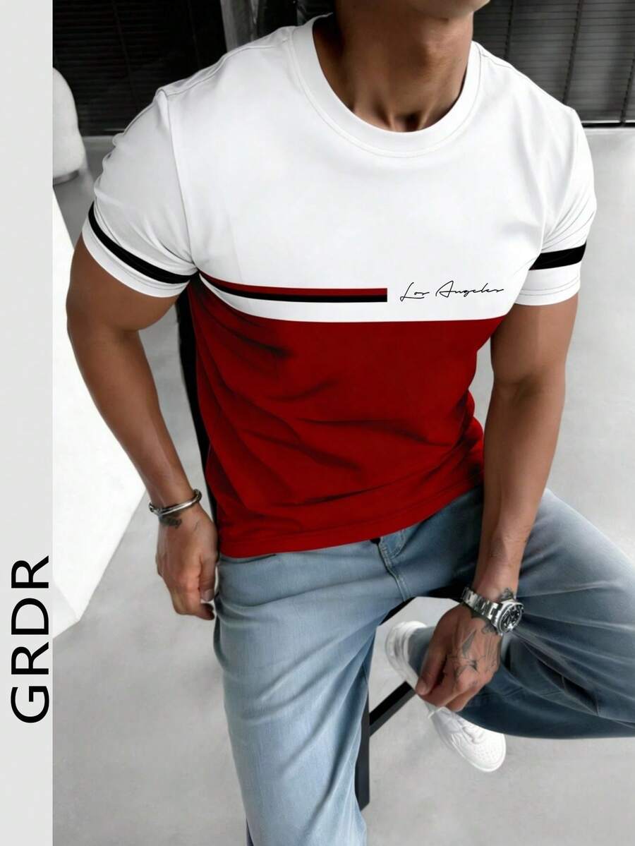 1件 GRDR 夏季新款撞色商务风圆领男士印花休闲短袖T恤 - 紅色 - 查看 1