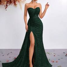 A High-Waisted Long Dress With A Sequined Heart-Shaped Neckline, Mesh Splicing, Flowing Ribbons, And A Slit, Perfect For A Dance Party Or Evening Gala - Dark Green - View 1