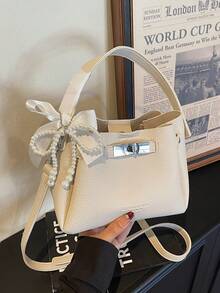 优雅手提包 女士新款单肩斜挎包 纹理锁扣水桶包 - 米色 - 查看 5