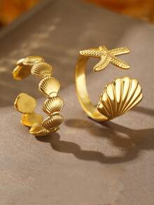 2枚波西米亚风海洋元素不锈钢戒指，清新度假贝壳和海星可调节开口戒指，女士沙滩装 - 戒指套裝 - 查看 3