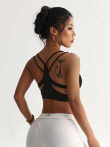 Women's Solid Color Removable Padded Mesh Splice Racerback Sports Knit Bra Black - Black - View 4