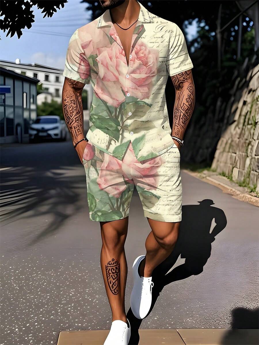 Men's Cuban Collar Shirt And Beach Pants Set With Watercolor Pink Rose Letter Print, Pocket Design, Woven Machine-Washable Quick-Dry Loose Fit, Suitable For Artistic Outings And Daily Casual Wear - 彩色 - 查看 1