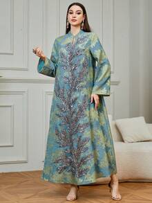 Đầm maxi Kaftan dài tay cổ chữ V mới dành cho nữ trong tháng Ramadan, đầm Jalabiya thêu đính cườm cầu kỳ, sang trọng cho lễ Eid Al-Fitr. - màu xanh lá - Xem 5