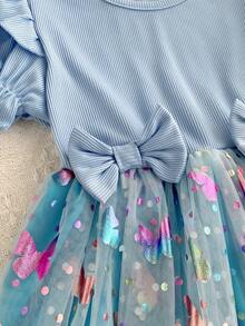 女童甜美碎花网纱短袖A字连衣裙，夏季 - 藍色 - 查看 5
