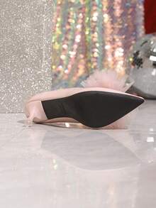 Pointed Toe Elegant Pink High Heels, Women's New Arrival Summer Pointed Toe Low Vamp Thin High Heels, Pearl & Rhinestone Bow Decor, Socialite Party Wedding Formal Shoes, Fashionable Sexy Kitten Heels, Comfortable Versatile Plus Size Business Casual Formal Footwear, Pair With Dresses, Blouses For Outdoor Occasions - Pink - View 6