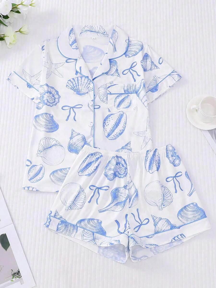 2pcs Women's Ocean Shell Print Pajamas Set, Pajamas Sets For Women, Short Sleeve Shirt With Collar & Button, And Elastic Waist Shorts, Summer Outfits For Women, Suitable For Holiday Party, Casual Everyday Indoor & Outdoor Wear - 藍白色 - 查看 1
