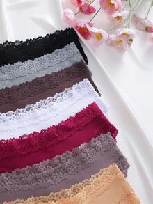 7 piezas de bragas triangulares de mujer de unicolor, algodón, encaje, patchwork, acanaladas, sexy, románticas, cómodas y de cintura baja - Multicolor - Ver 9