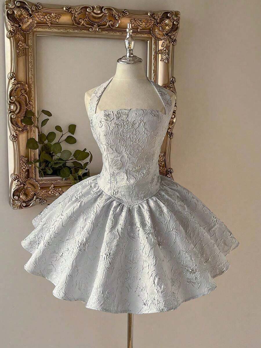 Lovelzi Elegant, Romantic, Fashionable Burgundy Jacquard Fabric Halter Backless Long Sleeve A-Line Dress, Suitable For Graduation Ceremony, School Opening, Music Festival, Birthday Party, Wedding, Afternoon Tea Gathering, Prom - 白色 - 查看 1