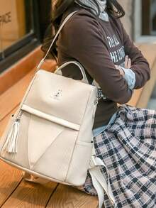 Ba lô nữ chống trộm mới năm 2026, màu xám nhạt thêu hình thỏ, có tua rua, ba lô 2 trong 1 dùng cho đi làm và du lịch. - A - Xem 5