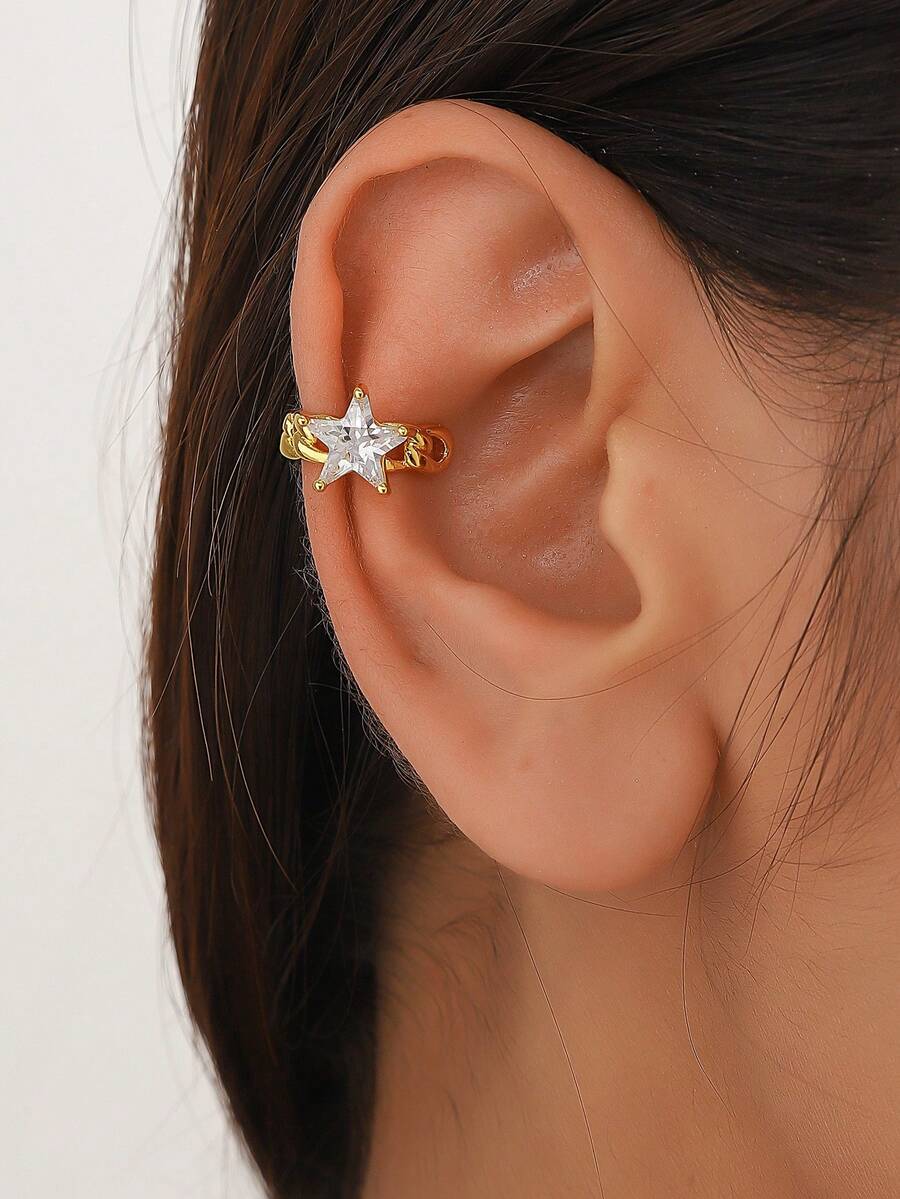 1 buah Anting Jepit Telinga Minimalis Bentuk Bintang Lima Titik dengan Hiasan Zirkonia Mikro, Desain Unik, Elegan, Tanpa Tindik Tulang Rawan Telinga, Cocok untuk Sehari-hari, Perjalanan, Liburan, Pesta - Bintang - View 1